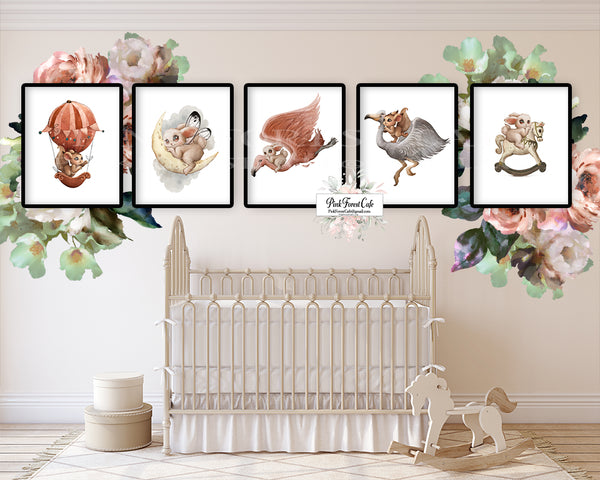 5 Fox Bunny Rabbit Wall Art Print Baby Nursery Ethereal Woodland Watercolor Whimsical Printable Décor