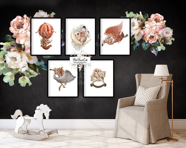 5 Fox Bunny Rabbit Wall Art Print Baby Nursery Ethereal Woodland Watercolor Whimsical Printable Décor