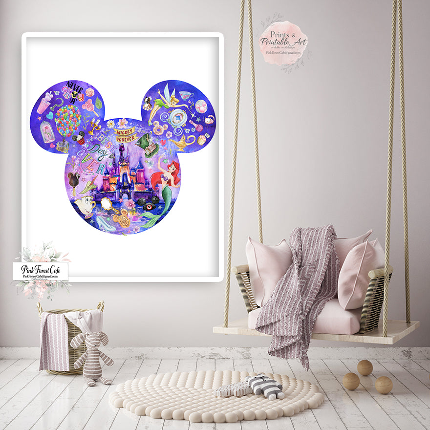 Minnie Mouse Magic Kingdom Disney Wall Art Print Boho Nursery Baby Girl Watercolor Room Printable Décor