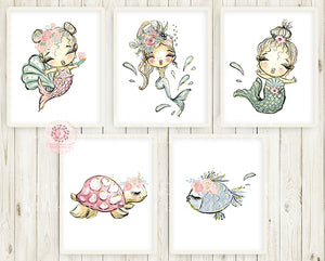 5 Mermaid Turtle Fish Nursery Wall Art Print Ethereal Under The Sea Wh –  Pink Forest Cafe
