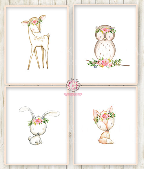 4 Deer Fox Bunny Rabbit Owl Boho Wall Art Print Woodland Bohemian Floral Nursery Baby Girl Room Set Lot Prints Printable Decor