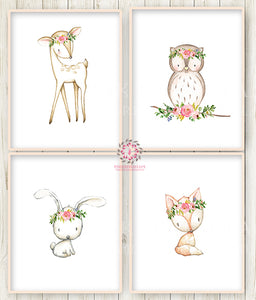 4 Deer Fox Bunny Rabbit Owl Boho Wall Art Print Woodland Bohemian Floral Nursery Baby Girl Room Set Lot Prints Printable Decor