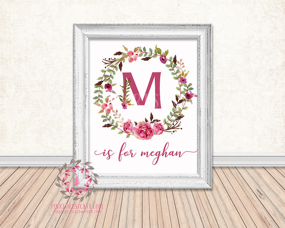 Baby Name Monogram Initial Personalized Birth Announcement Gift Watercolor Woodland Watercolor Floral Rustic Baby Nursery Home Decor Printable Wall Art