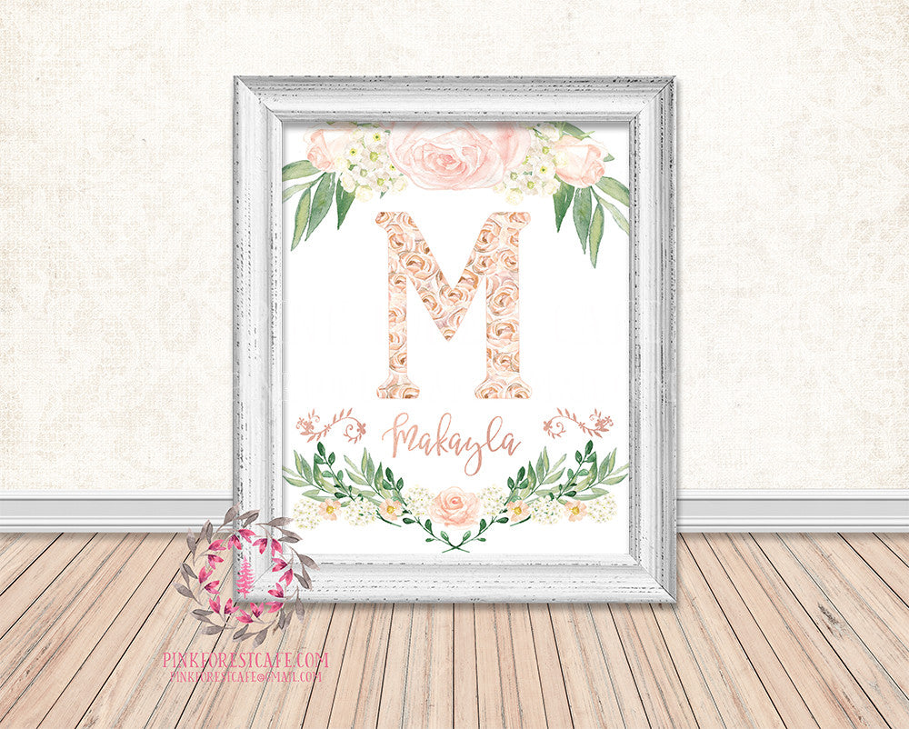 Baby Name Monogram Initial Personalized Birth Announcement Gift Watercolor Woodland Watercolor Floral Rustic Baby Nursery Home Decor Printable Wall Art