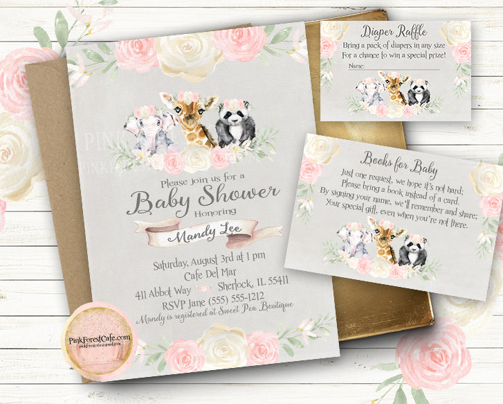 Elephant Giraffe Panda Bear Invite Invitation Baby Shower Blush Gray Boho Diaper Raffle Books For Baby Floral Watercolor Birth Announcement Printable
