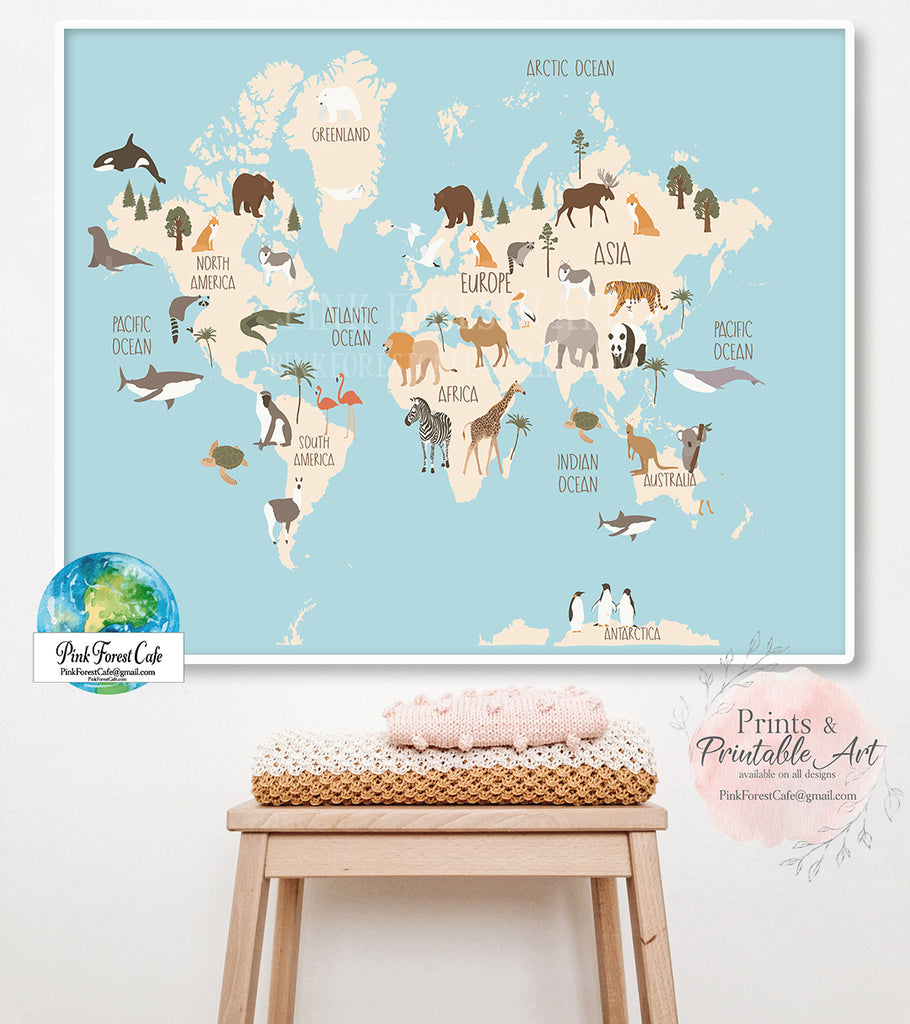 Boho World Map Zoo Animal Wall Art Print Baby Kids Gender Neutral Nursery Room Printable Decor