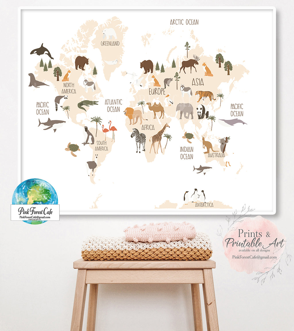 Boho World Map Zoo Animal Wall Art Print Baby Kids Gender Neutral Nursery Room Printable Decor