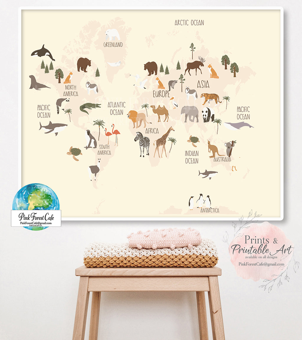 Boho World Map Zoo Animal Wall Art Print Baby Kids Gender Neutral Nursery Room Printable Decor