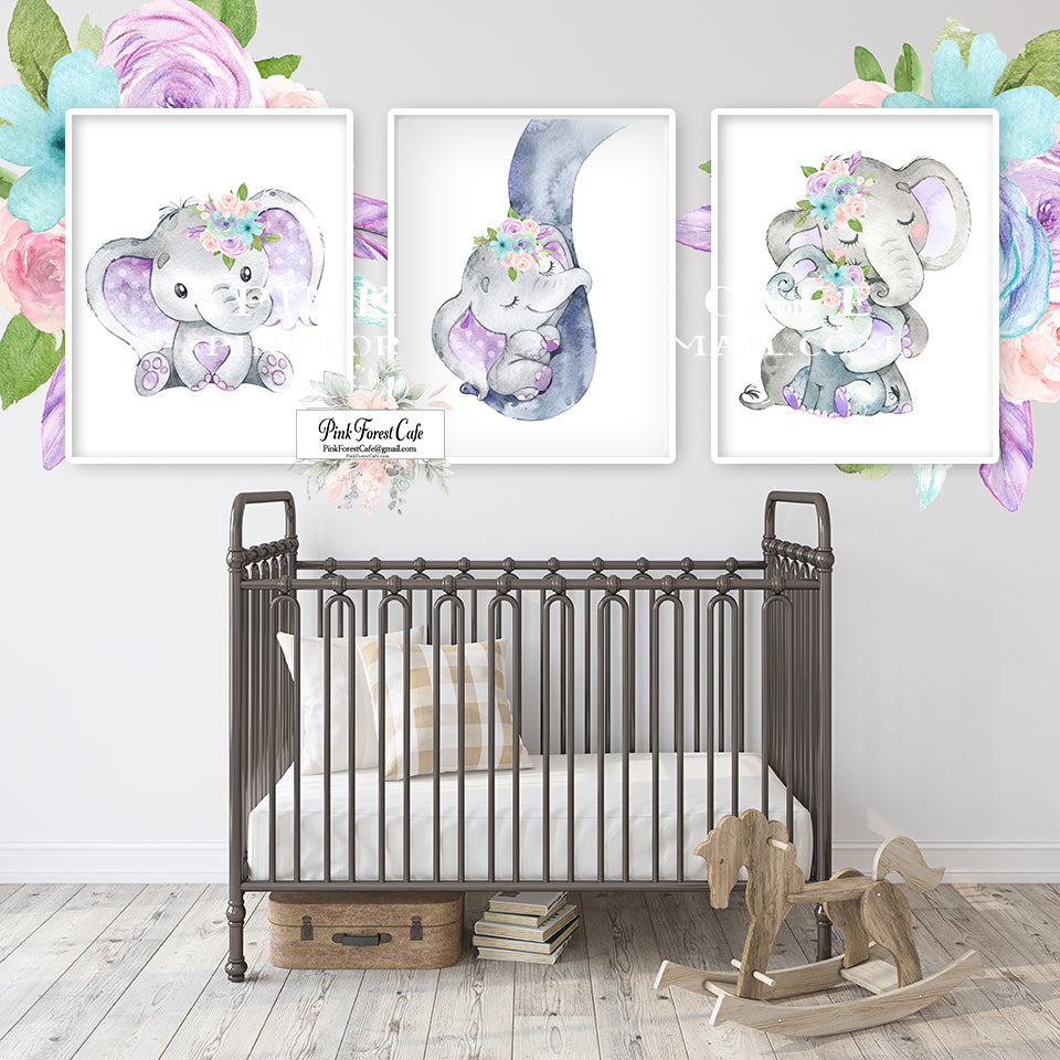 3 Purple Elephant Feather Wall Art Print Nursery Baby Girl Room Watercolor Printable Decor