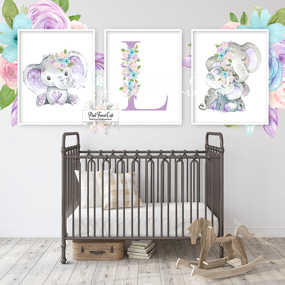 3 Purple Elephant Initial Feather Wall Art Print Nursery Baby Girl Room Watercolor Printable Decor