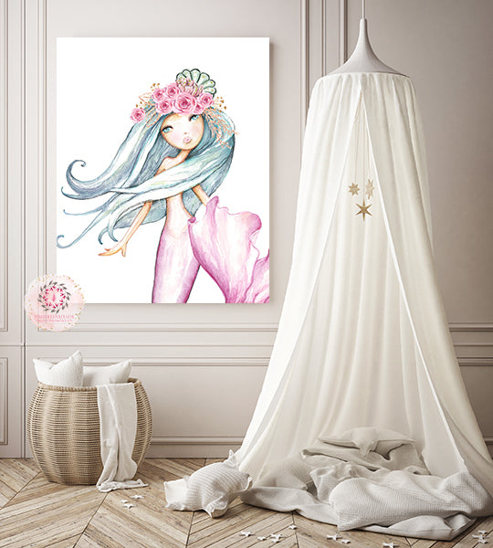 Mermaid Baby Girl Nursery Wall Art Print Purple Mint Ethereal