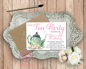 Tea Party Pot Girls Birthday Party Baby Bridal Shower Printable Invitation Invite