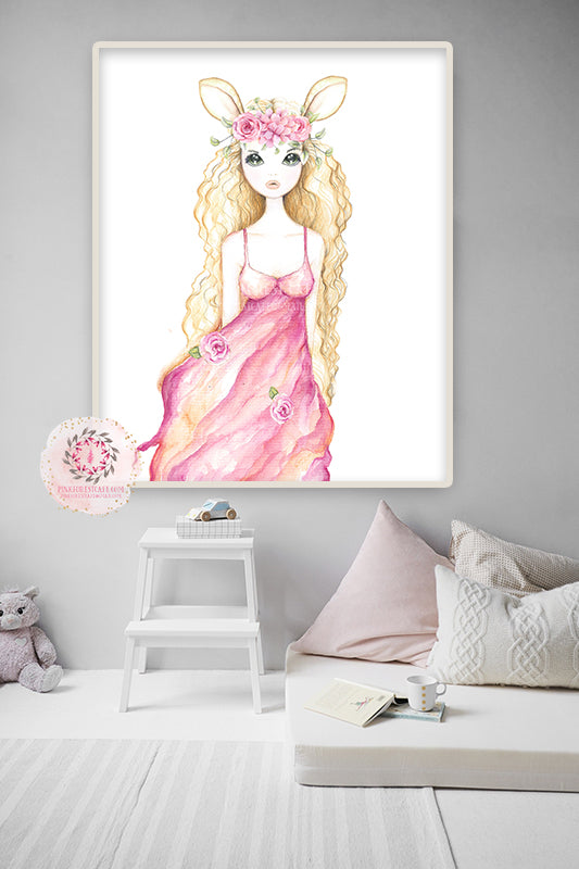Exclusive Ethereal Boho Girl Nursery Wall Art Print Baby Room "Miss Arabella" Deer Watercolor Magical Printable Decor