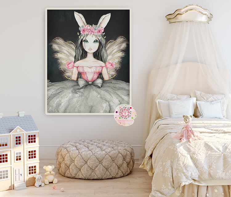 Exclusive Ethereal Boho Girl Fairy Nursery Wall Art Print Baby Room "Miss Sophie" Bunny Watercolor Angel Ballerina Magical Printable Decor