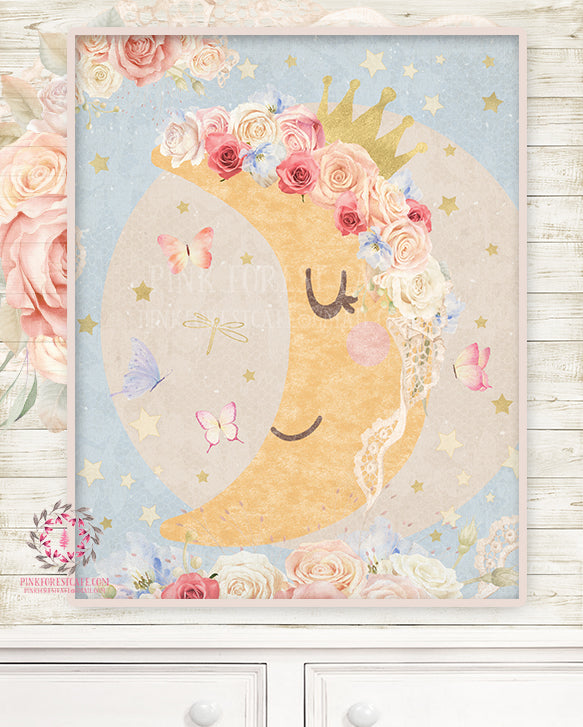 Moon Stars Floral Nursery Wall Art Print Boho Bohemian Baby Blush Ethereal Room Kids Bedroom Home Limited Edition Decor