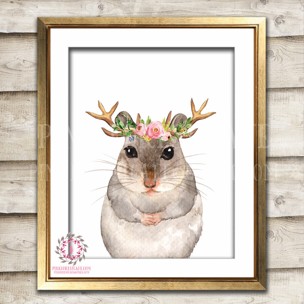 Boho Woodmouse Field Mouse Antlers Bohemian Blush Floral Woodland WoodNursery Baby Girl Room Printable Print Wall Art Decor