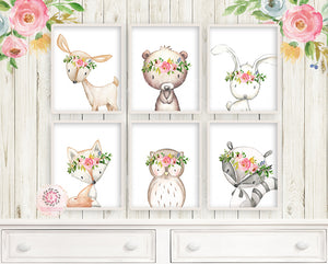 Boho Bunny Bear Deer Fox Nursery Wall Art Woodland Prints Bohemian Floral Baby Room Raccoon Owl Home Decor Print Set Of 6