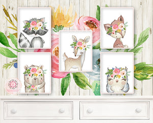 5 Deer Fox Bear Owl Raccoon Boho Wall Art Print Woodland Pink Blush Bohemian Floral Nursery Baby Girl Room Set Lot Prints Printable Decor