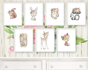 7 Deer Fox Bunny Rabbit Bear Owl Raccoon Boho Wall Art Print Woodland Pink Bohemian Floral Nursery Baby Girl Room Set Lot Prints Printable Decor