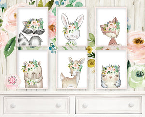 6 Deer Fox Bunny Rabbit Bear Owl Raccoon Boho Wall Art Print Woodland Mint Pink Blush Bohemian Floral Nursery Baby Girl Room Set Lot Prints Printable Decor
