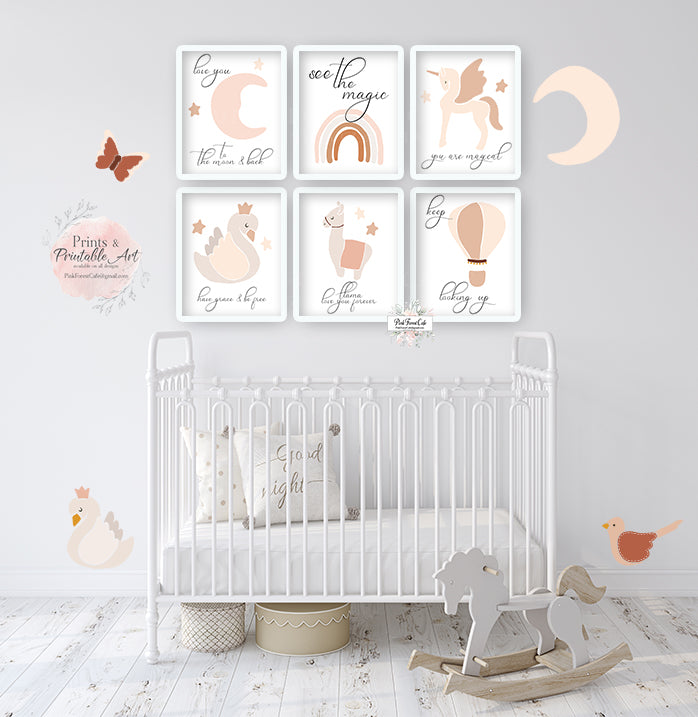 6 Boho Llama Unicorn Swan Wall Art Print Baby Girl Nursery Bohemian Prints Printable Decor