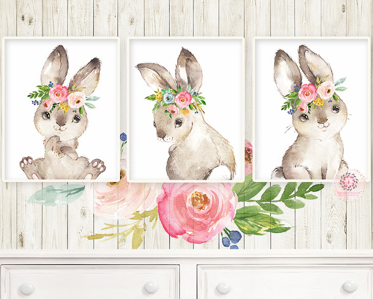 3 Boho Bunny Rabbit Wall Art Print Woodland Nursery Baby Girl Room Floral Bohemian Watercolor Set Prints Printable Decor