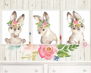 3 Boho Bunny Rabbit Wall Art Print Woodland Nursery Baby Girl Room Floral Bohemian Watercolor Set Prints Printable Decor