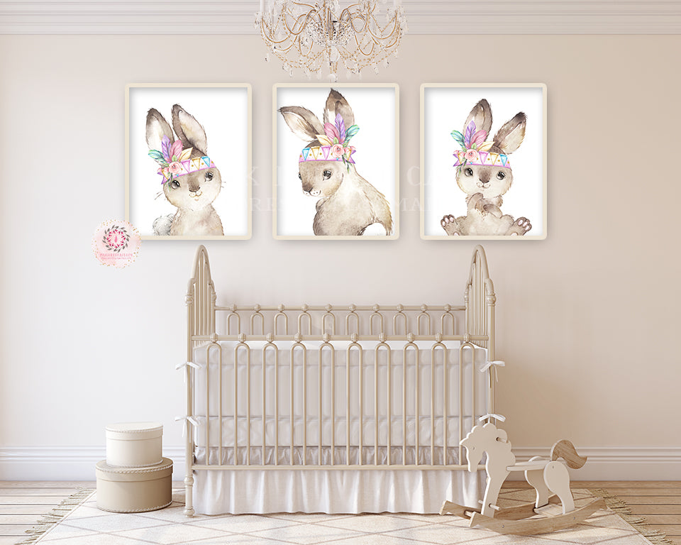 3 Boho Bunny Rabbit Wall Art Print Woodland Rainbow Feather Nursery Ba ...