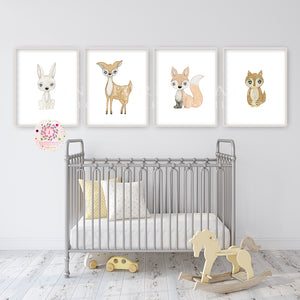4 Boho Deer Fox Bunny Owl Wall Art Print Woodland Animals Watercolor Baby Nursery Printable Decor