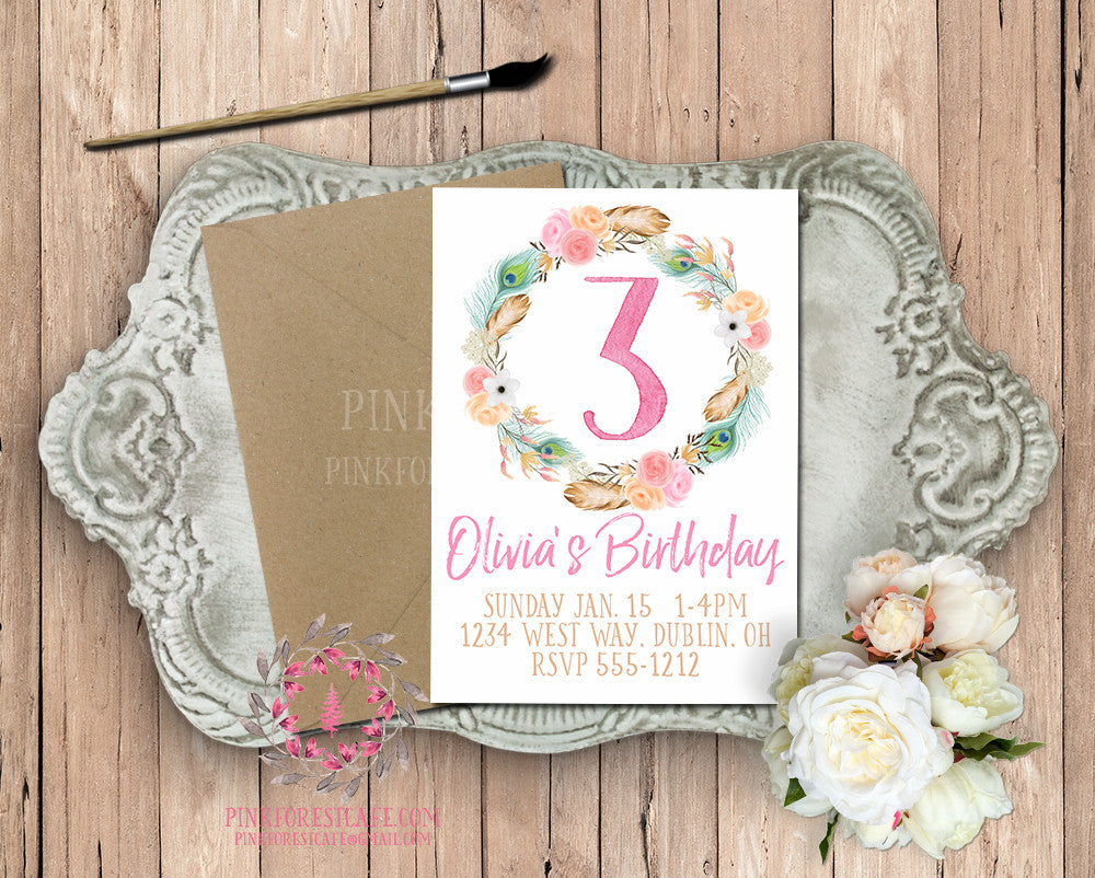 1st 2nd 3rd 4th 5th Watercolor Boho Floral Birthday Party Printable Invite Invitation Baby Shower Invites