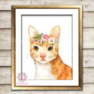 Boho Orange Watercolor Tabby Cat Bohemian Blush Floral Nursery Baby Girl Room Printable Print Wall Art Decor