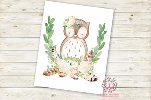 Owl Woodland Boho Wall Art Print Blush Feather Baby Girl Nursery Bohemian Floral Girl Room Printable Decor