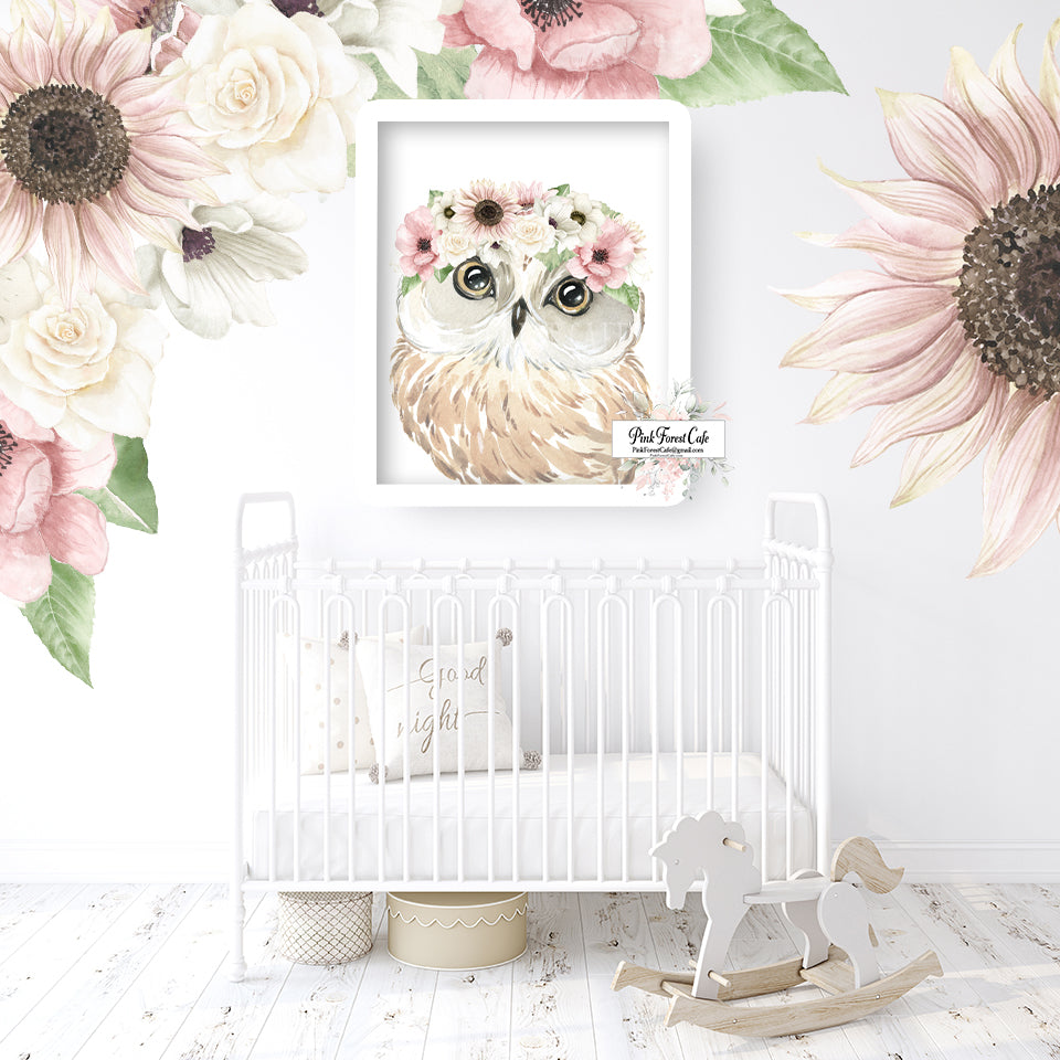 3 Boho Owl Wall Art Prints Woodland Nursery Baby Girl Sunflower Anemone Blush Watercolor Printable Décor