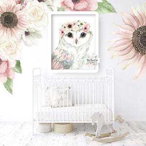 Boho Owl Wall Art Print Woodland Nursery Baby Girl Sunflower Anemone Blush Watercolor Printable Décor