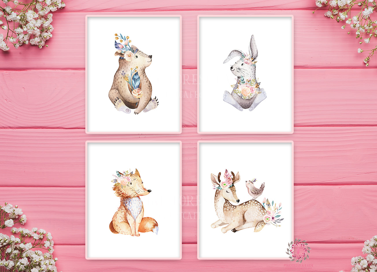 4 Boho Bear Deer Bunny Fox Baby Girl Nursery Wall Art Print Ethereal W ...