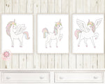 Set 3 Boho Unicorn Rainbow Wall Art Print Baby Girl Fantasy Watercolor Room Printable Decor