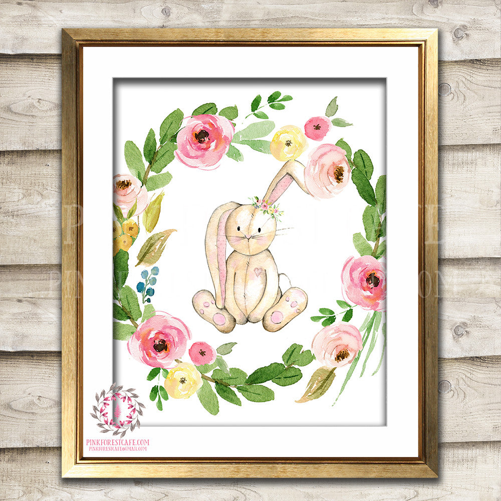 Bunny Rabbit Woodland Boho Printable Wall Art Print Bohemian Garden Floral Nursery Baby Girl Room Playroom Decor