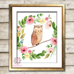 Wise Owl Woodland Boho Printable Wall Art Print Bohemian Garden Floral Nursery Baby Girl Room Playroom Decor