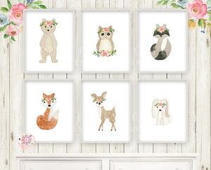 6 Woodland Boho Animals Wall Art Print Deer Bunny Fox Bear Raccoon Owl Watercolor Baby Girl Nursery Printable Decor