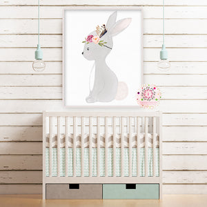 Exclusive Boho Woodland Bunny Rabbit Wall Art Print Watercolor Peony Peonies Feather Baby Girl Nursery Printable Decor