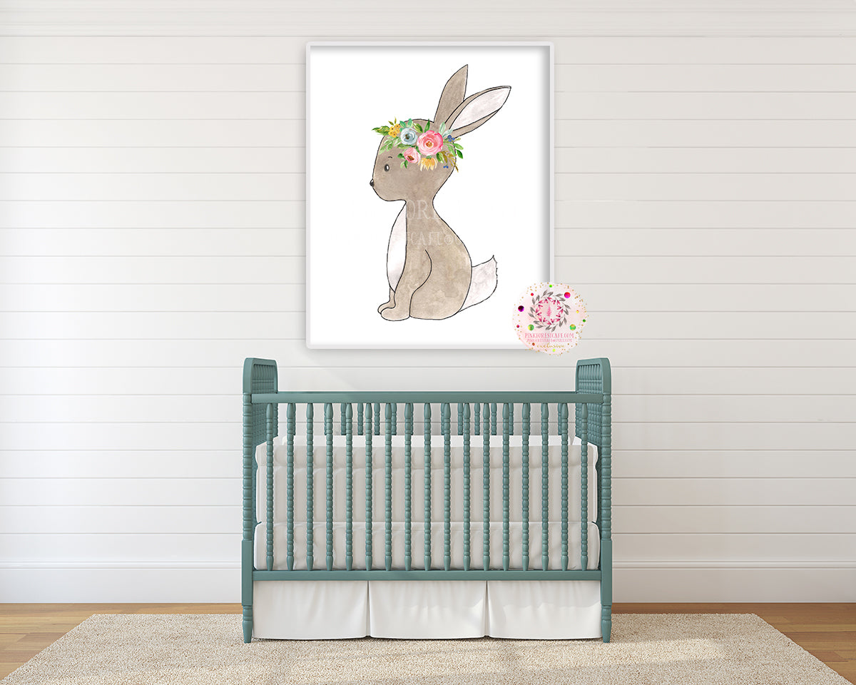 Exclusive Boho Woodland Bunny Wall Art Print Watercolor Baby Nursery Floral Printable Decor