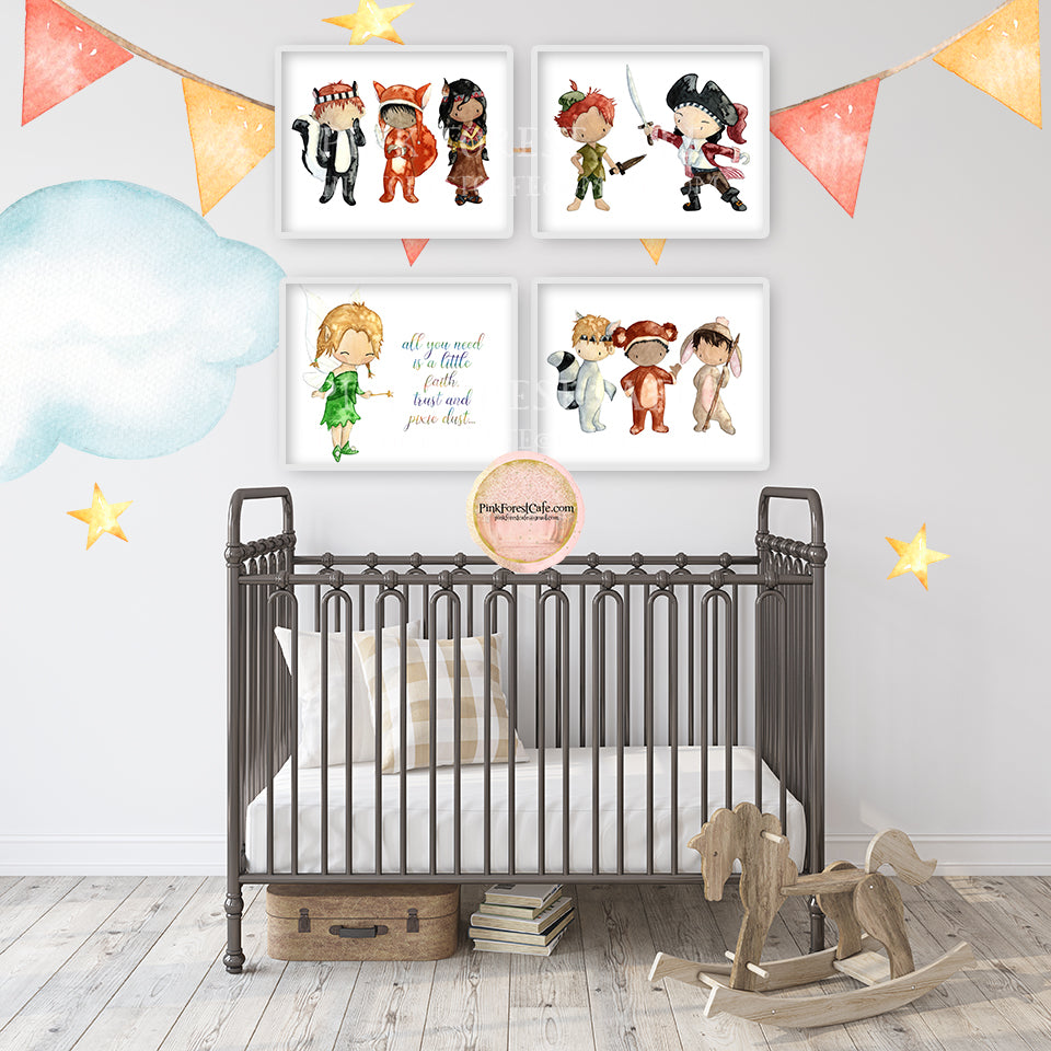 4 Peter Pan Tinkerbell Pirate Wall Art Print Boho Nursery Baby Boy Girl Watercolor Set Prints Printable Decor