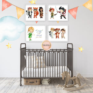 4 Peter Pan Tinkerbell Pirate Wall Art Print Boho Nursery Baby Boy Girl Watercolor Set Prints Printable Decor