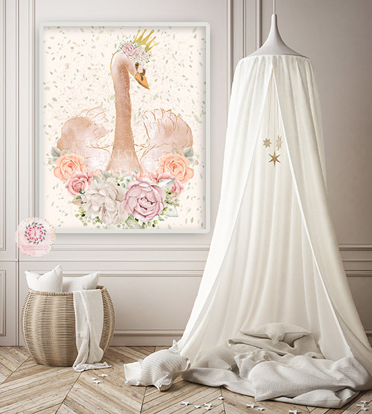 Boho Swan Peonies Wall Art Print Ethereal Pink Gold Crown Whimsical Baby Girl Nursery Peony Bohemian Floral Printable Decor