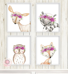 4 Deer Fox Owl Raccoon Boho Wall Art Print Purple Woodland Bohemian Floral Nursery Baby Girl Room Set Lot Prints Printable Decor