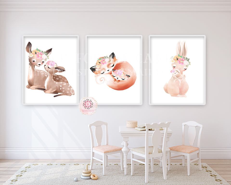 3 Boho Bunny Fox Deer Baby Girl Nursery Wall Art Print Ethereal Whimsical Bohemian Floral Woodland Animal Printable Decor