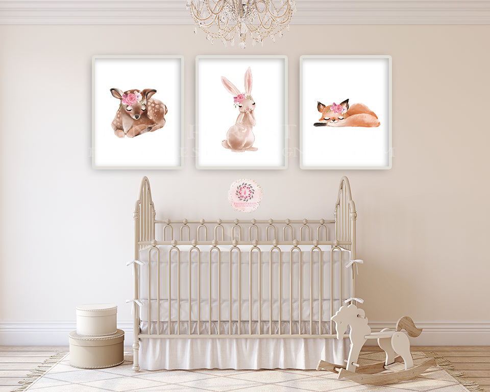 3 Boho Deer Fox Bunny Baby Girl Nursery Wall Art Print Ethereal Whimsical Watercolor Bohemian Pink Floral Printable Decor
