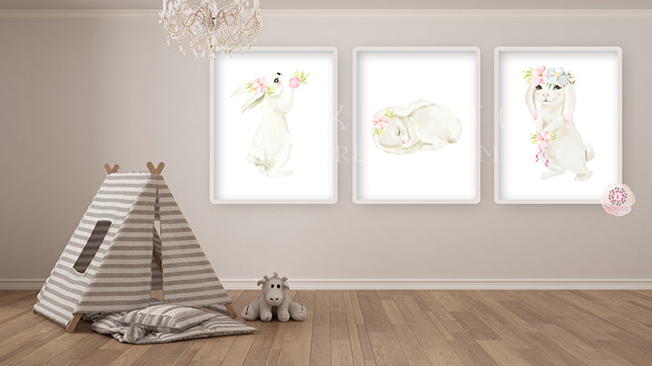 3 Boho Bunny Rabbit Baby Girl Nursery Wall Art Print Ethereal Whimsical Bohemian Floral Woodland Animal Printable Decor