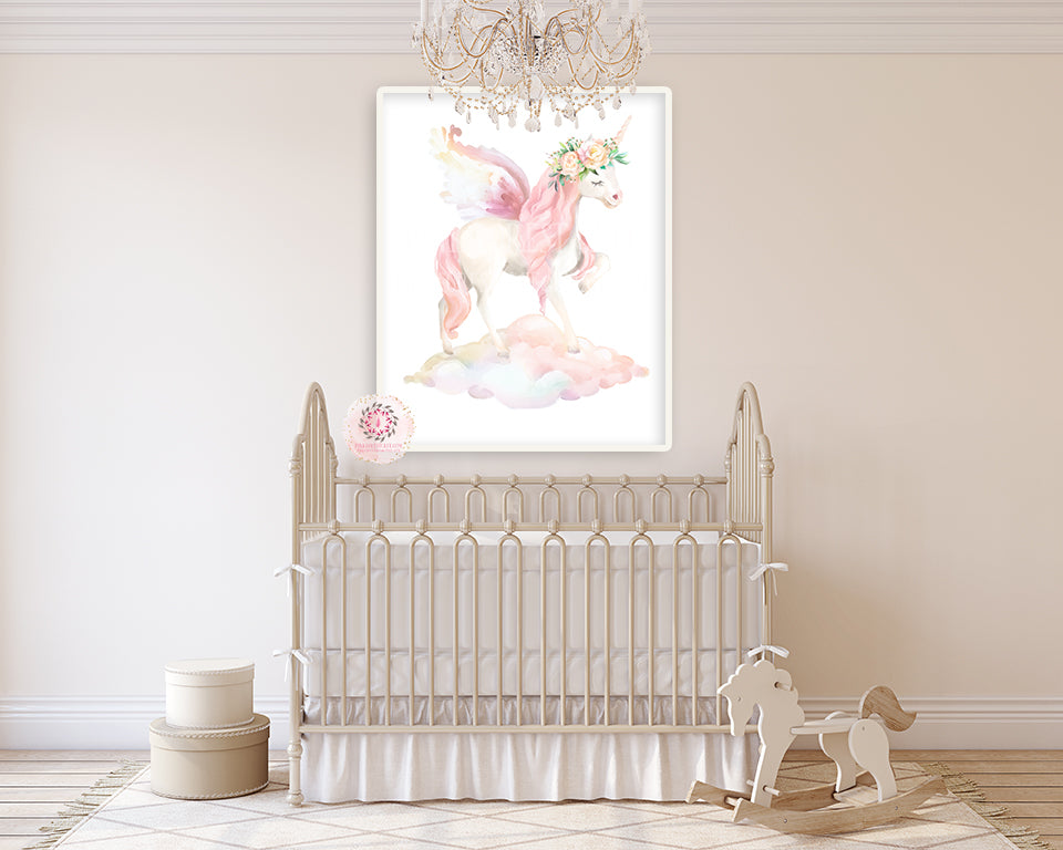 Boho Gold Star Unicorn Pegasus On A Cloud Wall Art Print Baby Girl Pink Nursery Ethereal Whimsical Peonies Peony Floral Printable Decor