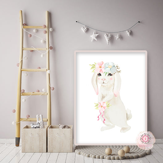 Boho Bunny Baby Girl Nursery Wall Art Print Ethereal Whimsical Bohemian Floral Woodland Animal Printable Decor